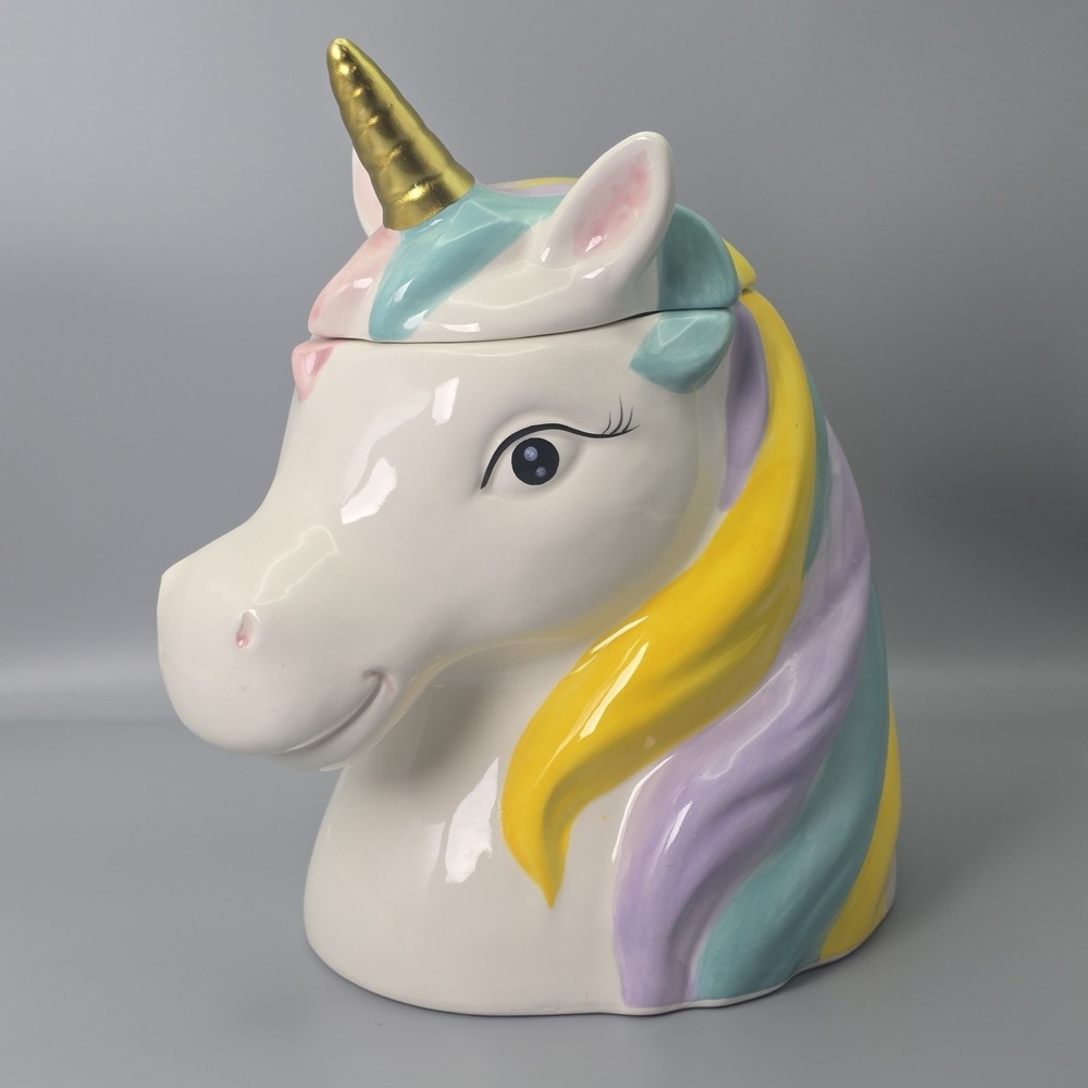 Cracker Barrel Unicorn Cookie Jar Pastel Rainbow Ceramic Canister w/Lid